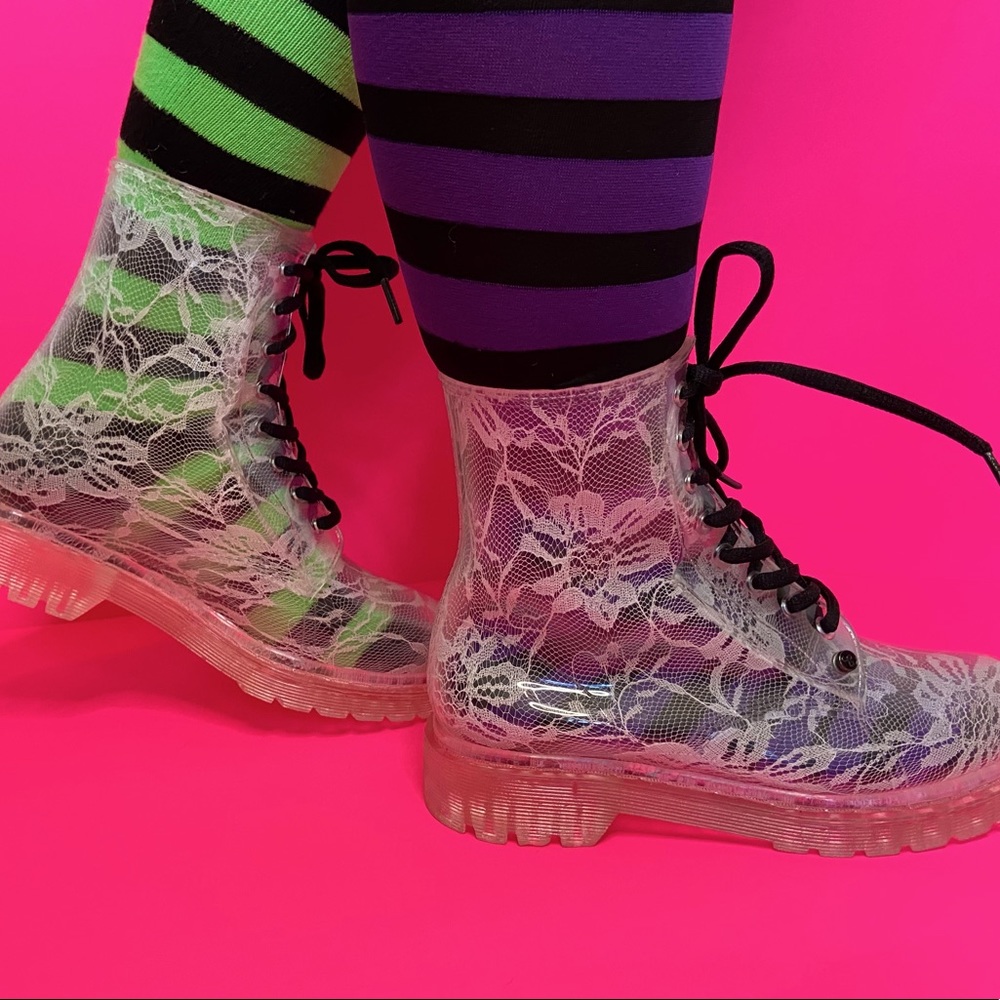 Lace lined clear combat boots. Waterproof